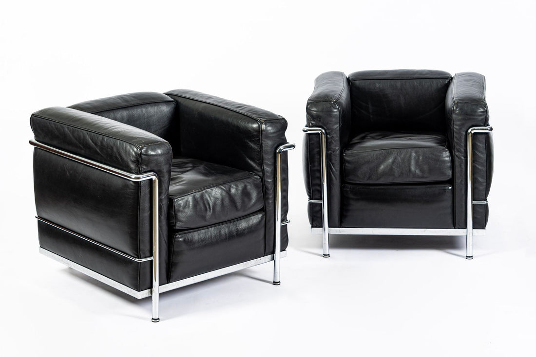 Pair of Cassina LC2 Black Leather Petit Lounge Chairs by Le Corbusier