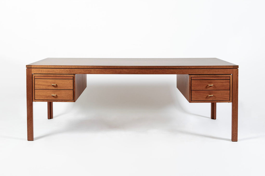 Large Mid Century Danish Modern Mahogany Wood Executive Desk, 2 Matching Avail