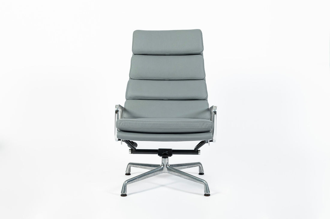 Eames Soft Pad Recliner for Herman Miller, Gray Leather Aluminum Group Lounge Chair