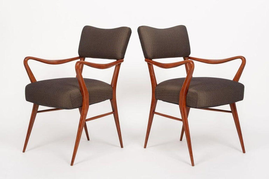Pair of Mid Century Modern Wood & Brown Upholstered Arm Chairs, 1950s
