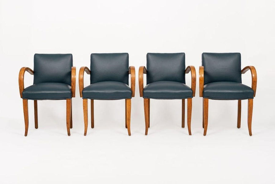 Antique Art Deco Maple Bentwood and Blue Leather Dining Chairs 1930s