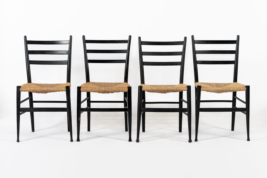 Vintage Mid Century Black Wood and Rush Wicker Dining Chairs