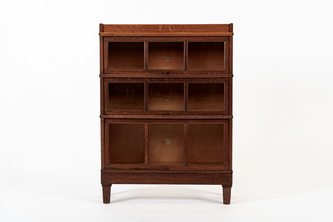 Antique American Three Shelf Barrister Bookcase Cabinet in Tiger Oak