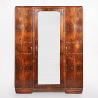Antique Art Deco Burl Wood Mirrored Armoire Cabinet, 1930s