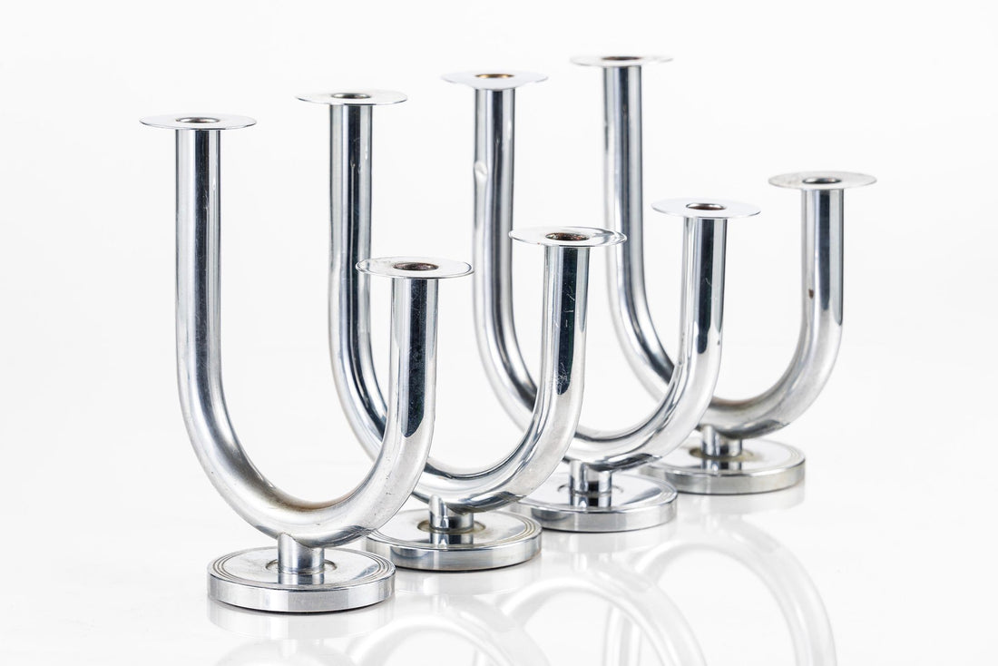 Antique Art Deco Taurex Chrome Candlestick Holders by Walter Von Nessen for Chase