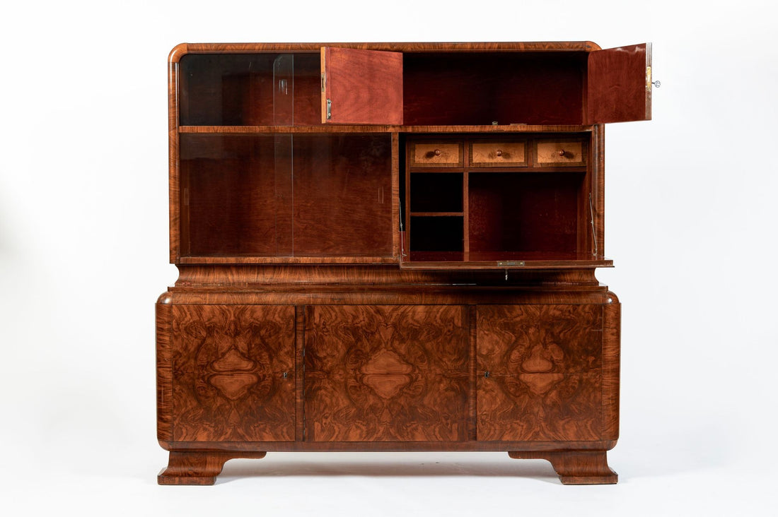 Antique Art Deco Burl Wood China Cabinet or Bar Cabinet with Drop-down Tabletop 1930s