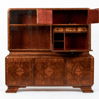 Antique Art Deco Burl Wood China Cabinet or Bar Cabinet with Drop-down Tabletop 1930s