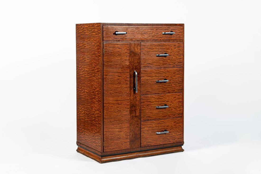 Art Deco Tiger Wood Dresser Cabinet, Vintage Streamline Modern 1940s