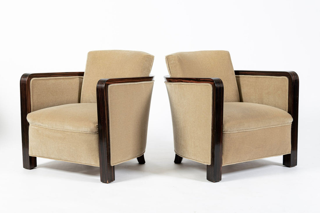 French Art Deco Mohair Lounge Chairs by Eric Bagge for Mercier Frères, Macassar Ebony, 1920s