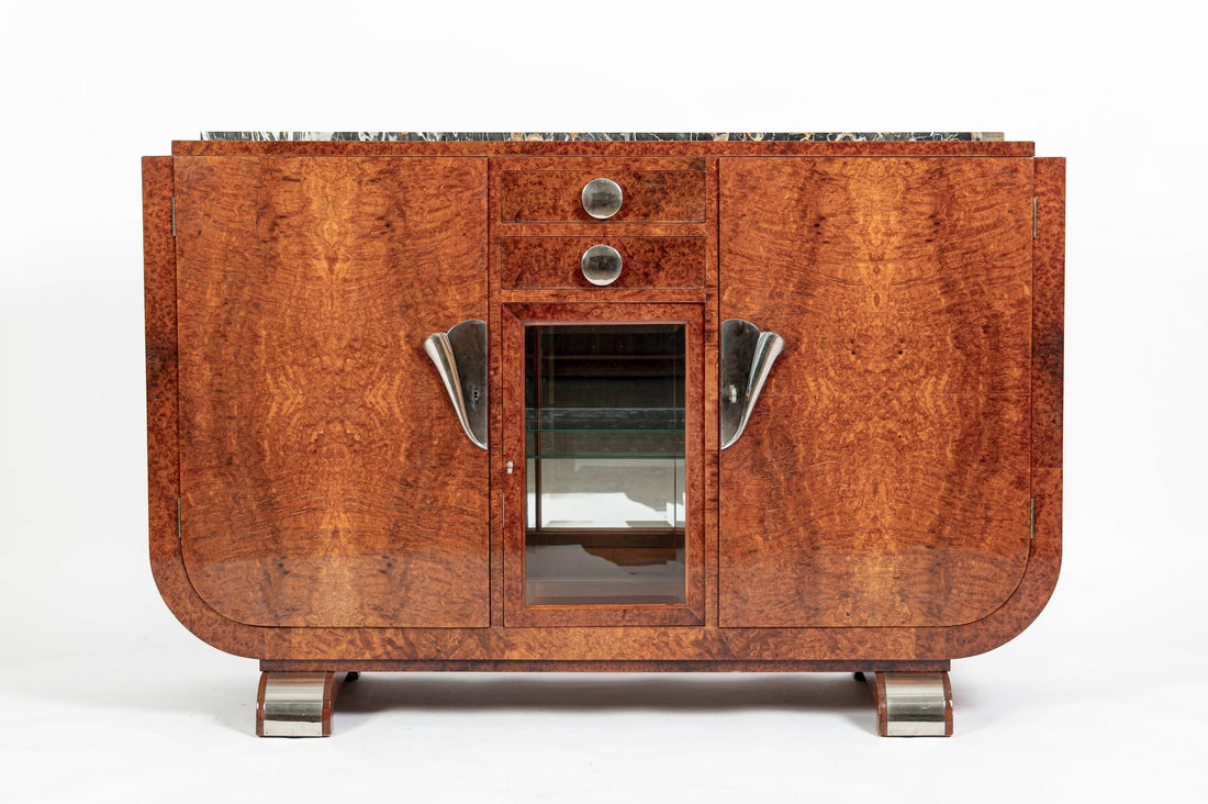 French Art Deco Amboyna Burl Sideboard or Bar Cabinet with Marble Top, Circa 1930