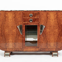 French Art Deco Amboyna Burl Sideboard or Bar Cabinet with Marble Top, Circa 1930