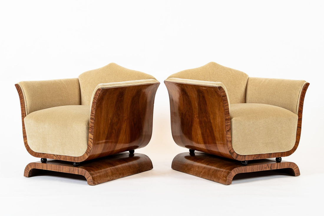 1930s Antique French Art Deco Mohair & Burl Wood Lounge Chairs