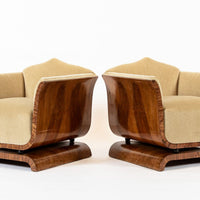 1930s Antique French Art Deco Mohair & Burl Wood Lounge Chairs