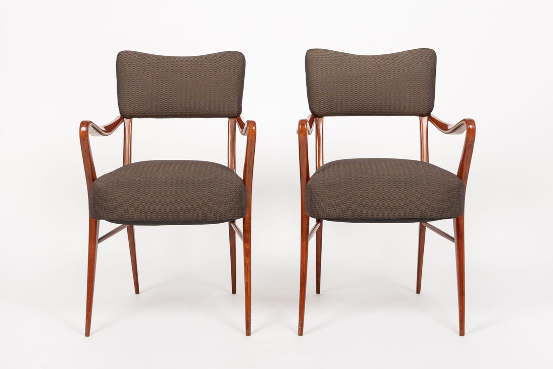 Pair of Mid Century Wood & Brown Upholstered Arm Chairs 1950s