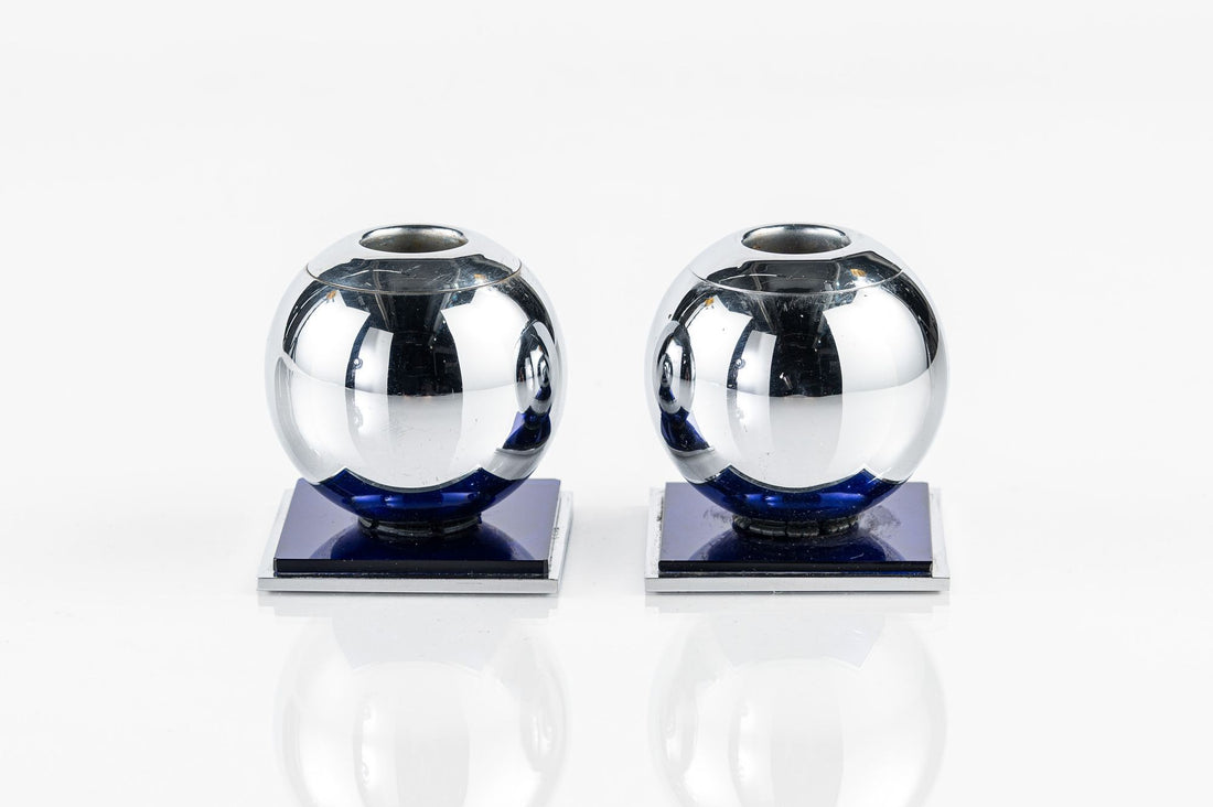 Art Deco Chrome and Cobalt Blue Candleholders by Walter von Nessen for Chase, 1930s