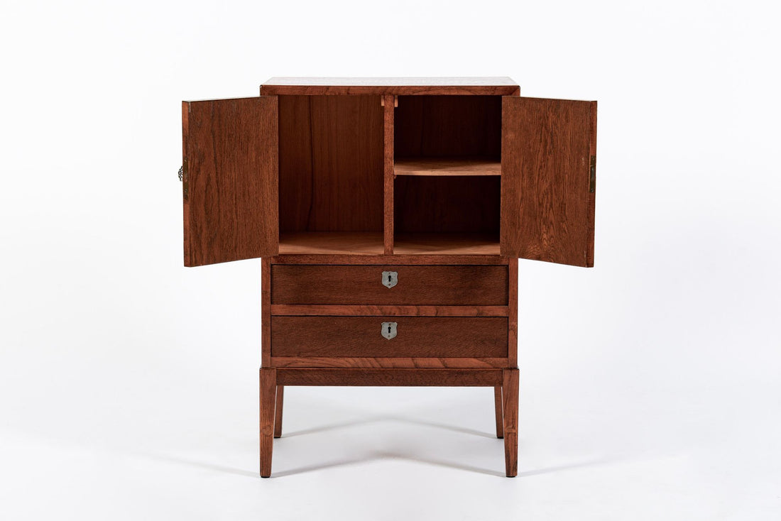 Antique Art Deco Scandinavian Small Oak Wood Side Cabinet or Nightstand 1950s