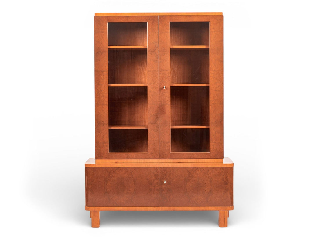 Art Deco Cherry & Burl Wood Display China or Bar Cabinet 1930s