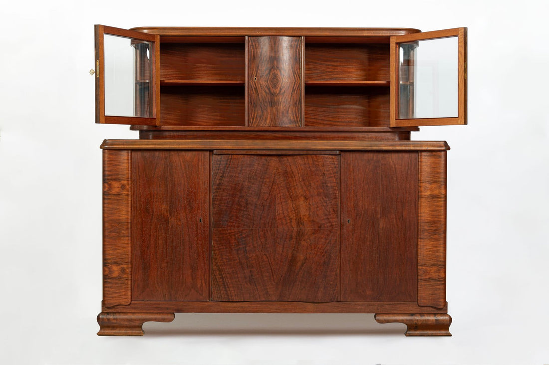 Art Deco Figured Walnut Sideboard Buffet or Bar Cabinet with Vitrine, circa 1930