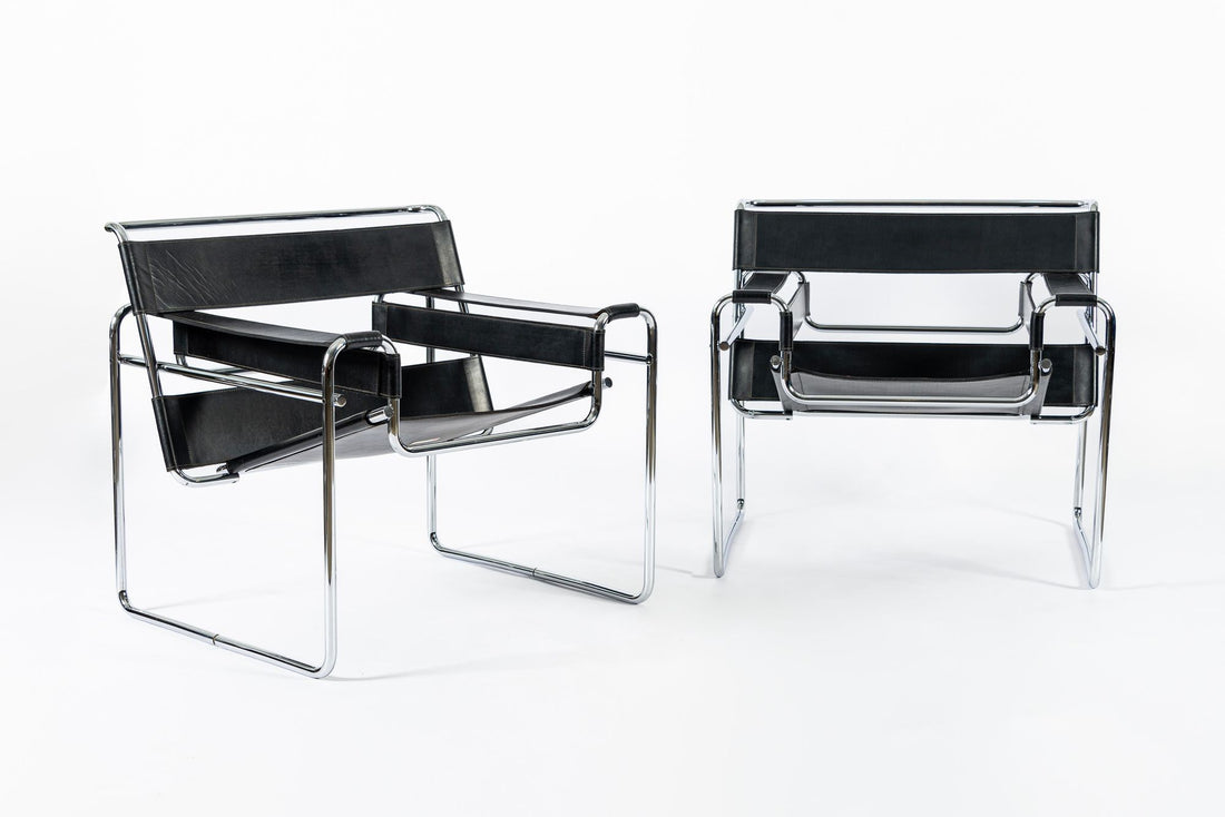 Mid Century Black Leather Wassily Arm Chairs by Marcel Breuer for Knoll, 1960s