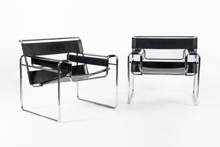 Mid Century Black Leather Wassily Arm Chairs by Marcel Breuer for Knoll, 1960s