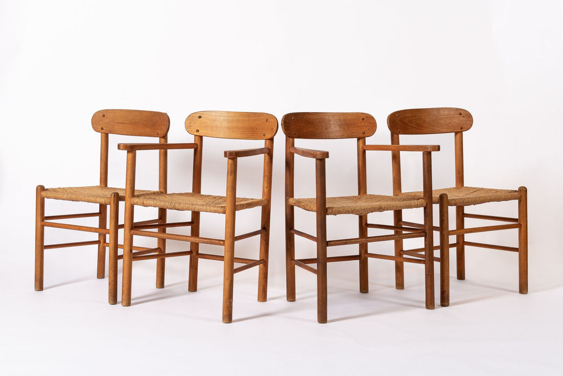 Mid Century Danish Wood & Rush Wicker Dining Chairs