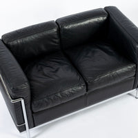Authentic Cassina LC2 Black Leather Two-Seat Sofa by Le Corbusier 1994
