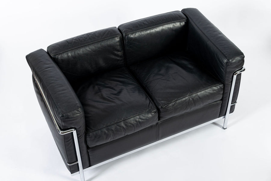 Authentic Cassina LC2 Black Leather Two-Seat Sofa by Le Corbusier 1994