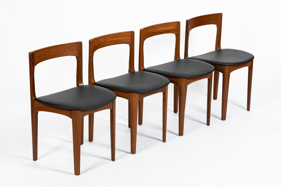 Mid Century Danish Teak Wood & Black Vinyl Dining Chairs, Set of 4