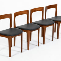 Mid Century Danish Teak Wood & Black Vinyl Dining Chairs, Set of 4