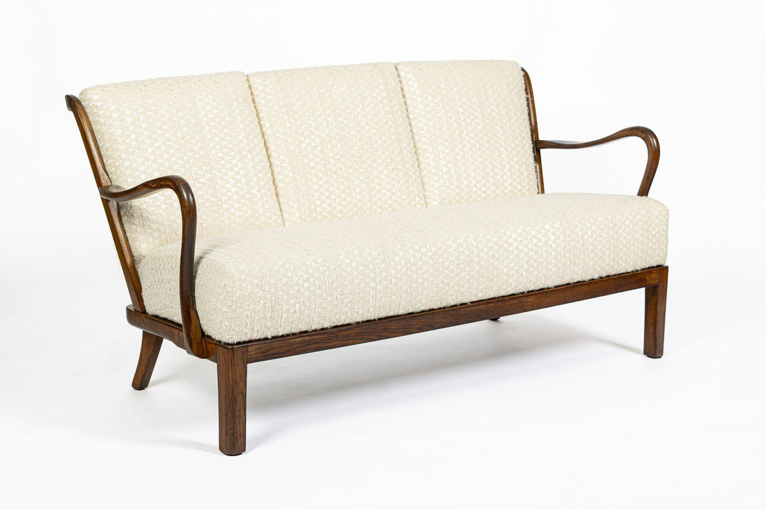 Danish Modern Solid Walnut Spindle Back Sofa in Schumacher Fabric, Circa 1960
