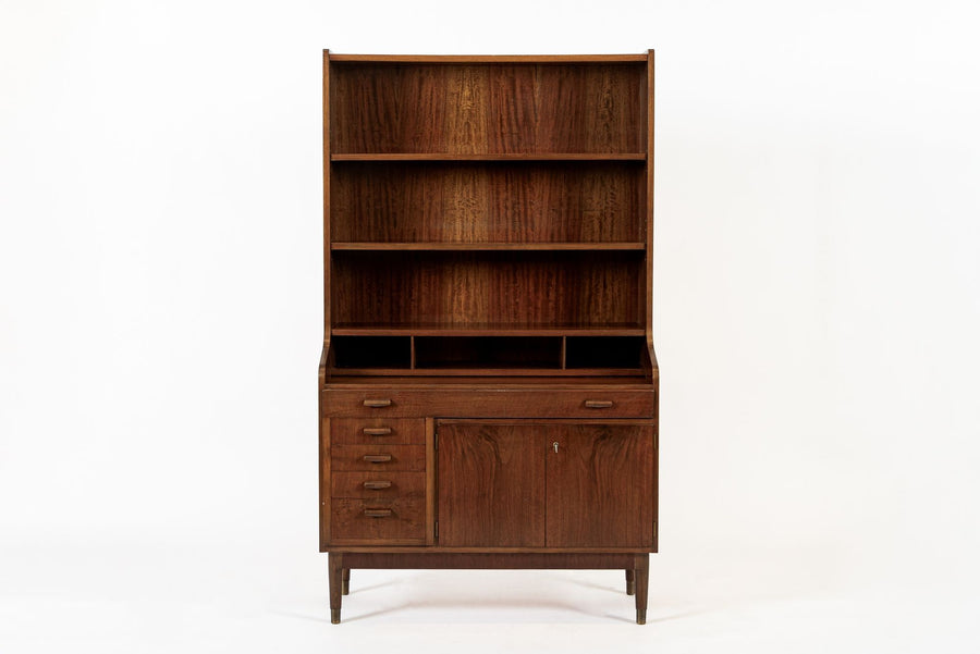 Mid Century Danish Walnut Wood Pull-Out Secretary Desk & Bookcase