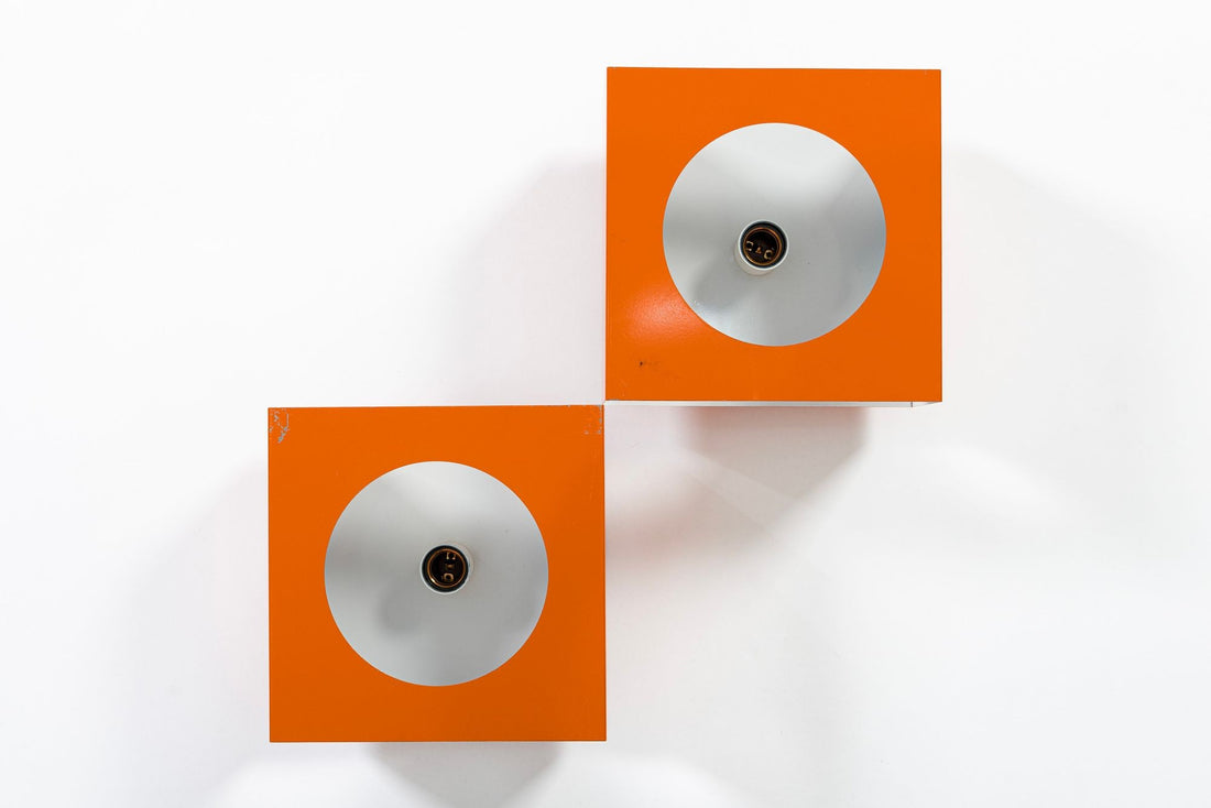 Vintage Mid Century French Orange Metal Wall Light Sconces by Disderot (attr)