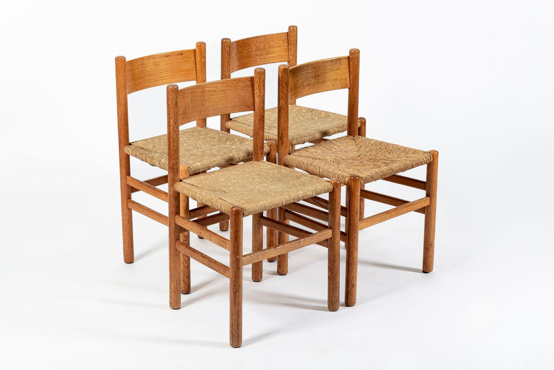 Mid Century Dutch Oak Wood and Rush Chairs by Johan van Heuvel
