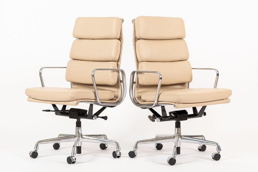 Herman Miller Eames Tall Tan Leather Desk Chair Soft Pad Pair