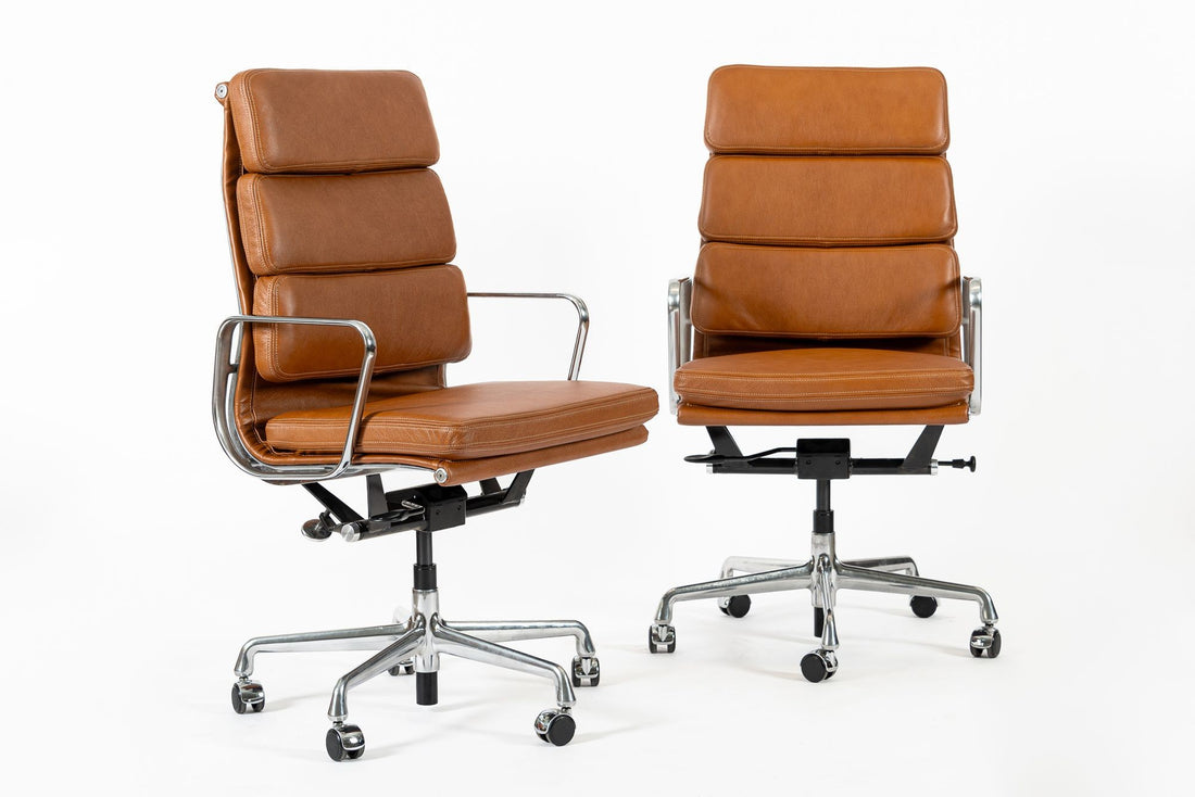 Pair Herman Miller Eames Tall Brown Leather Desk Chair Soft Pad