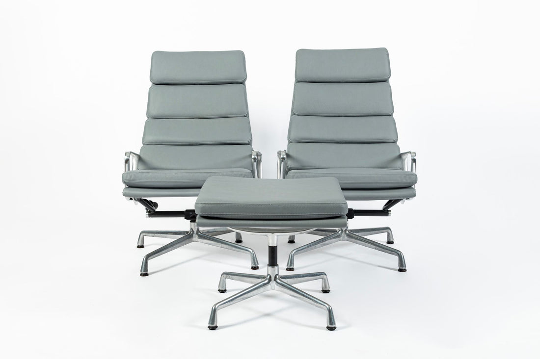 Pair Eames Soft Pad Recliners with Ottoman for Herman Miller, Gray Leather Aluminum Group