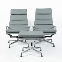 Pair Eames Soft Pad Recliners with Ottoman for Herman Miller, Gray Leather Aluminum Group