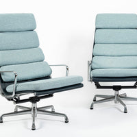 Pair of Eames Soft Pad Recliners for Herman Miller, Blue Gray Aluminum Group Lounge Chairs
