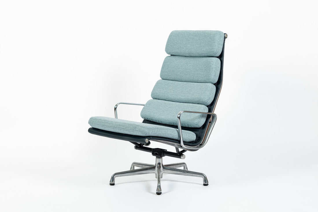 Eames Soft Pad Recliner for Herman Miller, Blue Gray Aluminum Group Lounge Chair