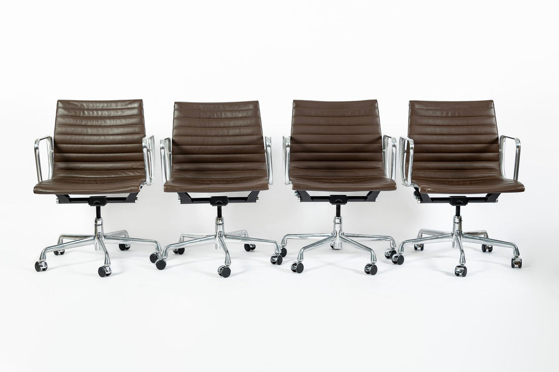 Set of 4 Eames Thin Pad Office Chairs for Herman Miller, Brown Leather Aluminum Group