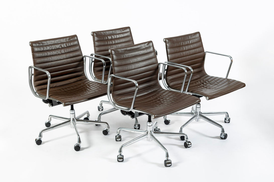 Eames Herman Miller Brown Leather Aluminum Group Thin Pad Desk Chair, 2008