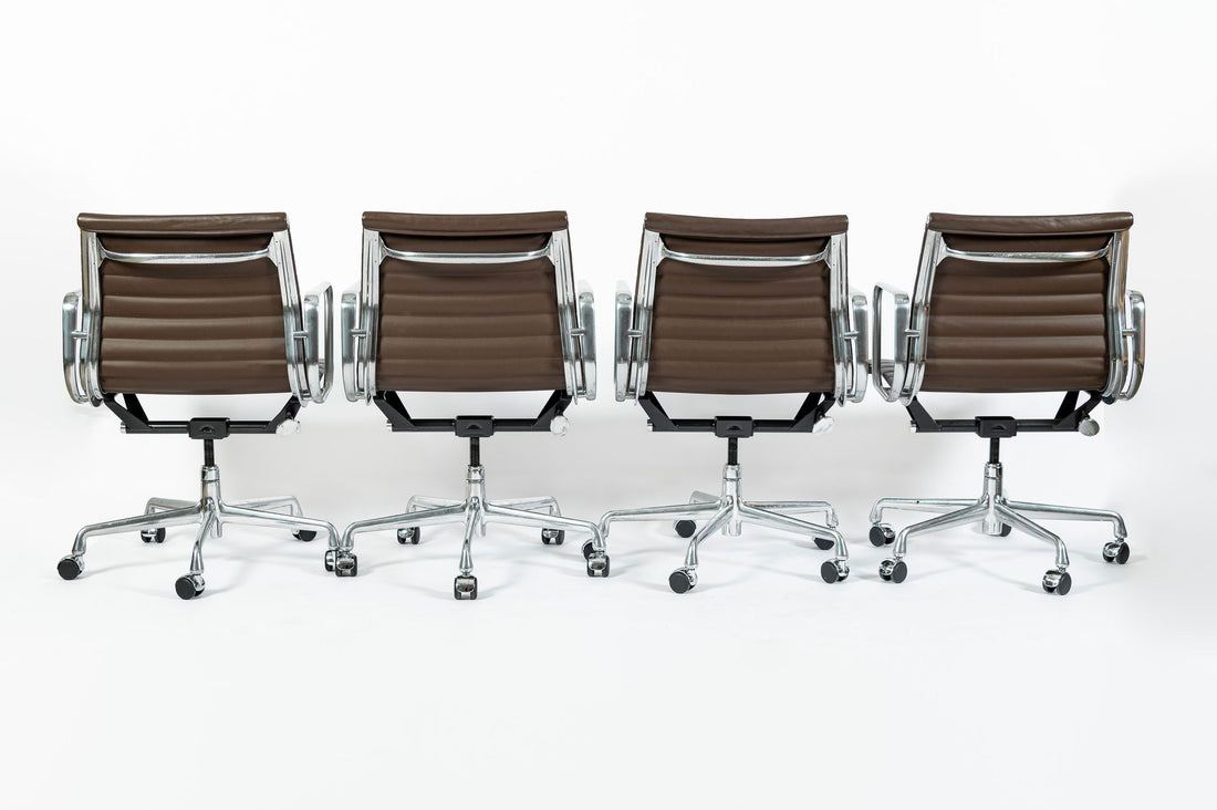 Set of 4 Eames Herman Miller Office Chairs, Brown Leather Thin Pad Aluminum Group