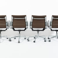 Set of 4 Eames Herman Miller Office Chairs, Brown Leather Thin Pad Aluminum Group