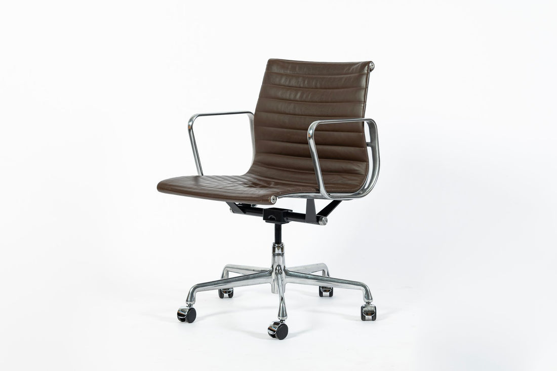 Eames Herman Miller Aluminum Group Thin Pad Brown Leather Office Chair, 2008