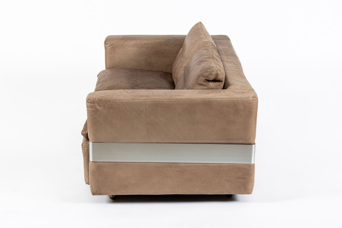 Mid Century German Distressed Brown Leather Sofa in the Style of Robert Haussmann