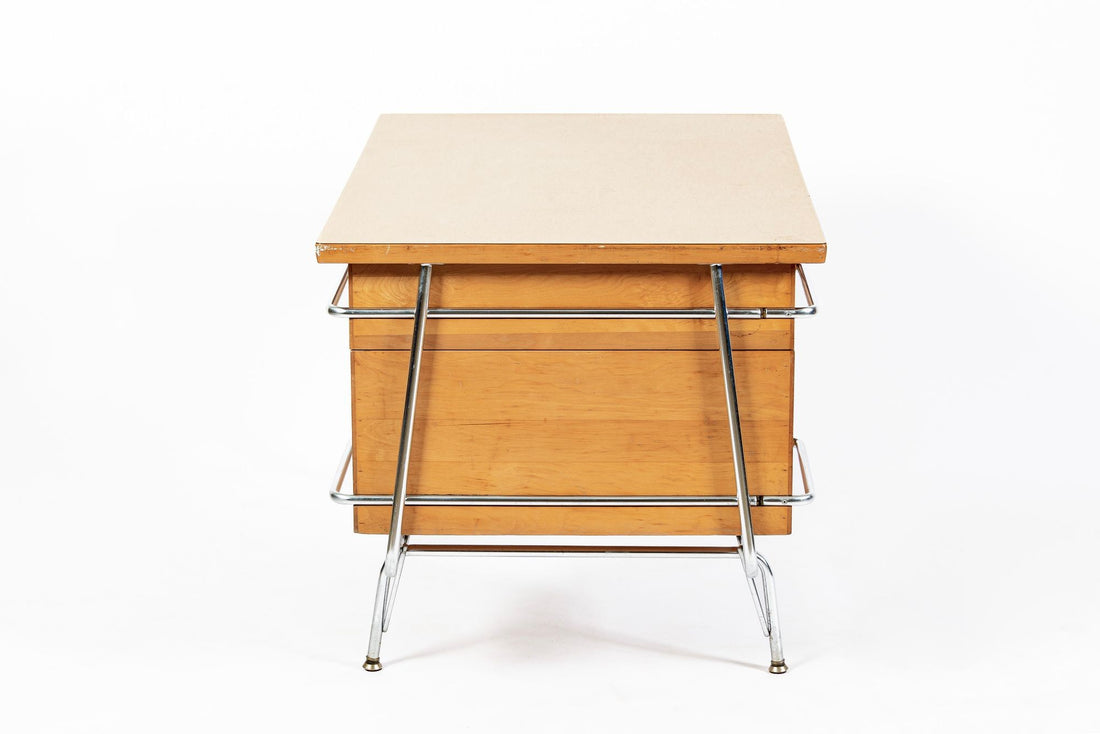 Kem Weber Trimline Desk for Heywood Wakefield, Mid Century Modern Birch and Chrome Office Desk, 1950s