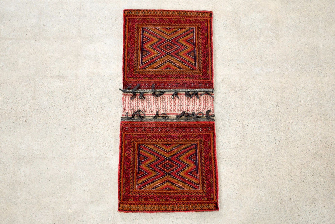 Antique Red Afghan Baluchistan Wool Tribal Saddlebag Rug
