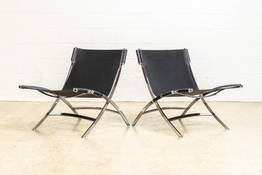 Vintage Postmodern Black Leather and Chrome Lounge Chairs by Antonio Citterio