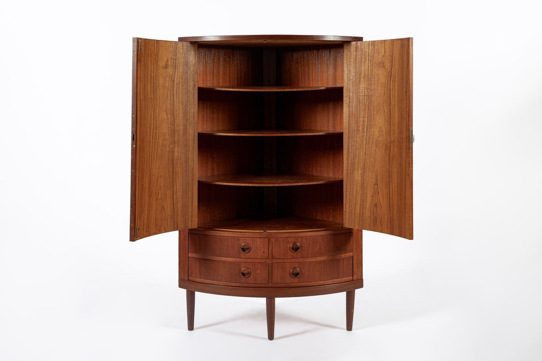 Mid Century Danish Modern Teak Corner Cabinet with Pivoting Drawers