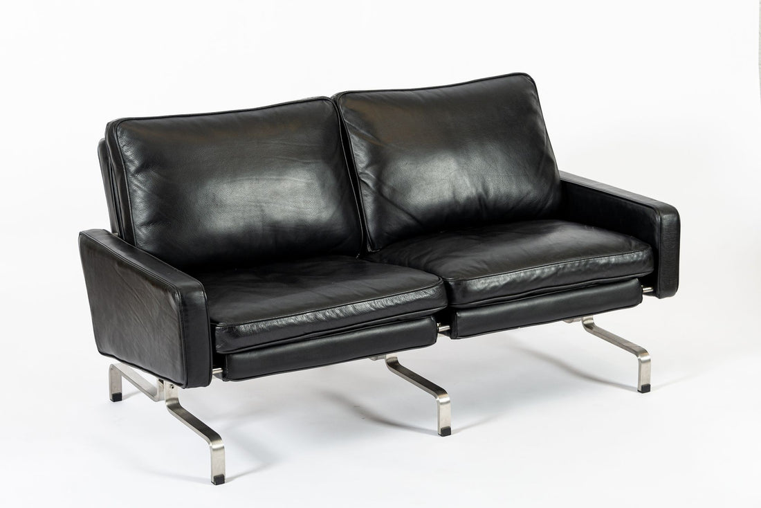 Vintage Postmodern Black Leather & Brushed Steel Loveseat Sofa, 1980s